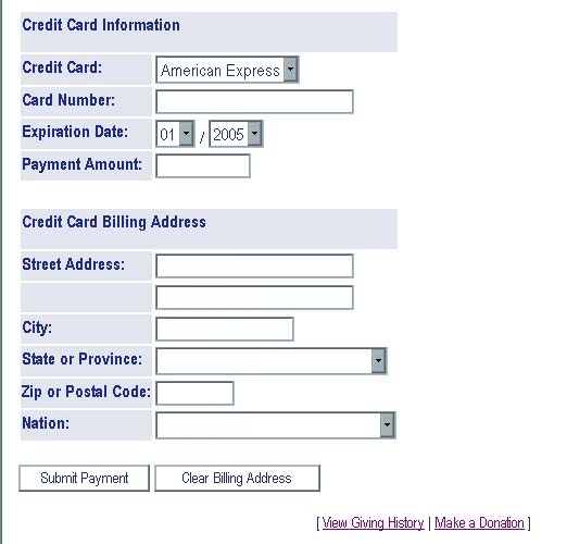 WebSTAR for Alumni Credit Card Information screen